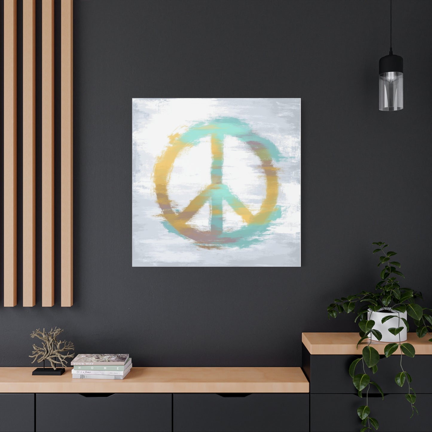 Echoes of Calm Peace Sign Matte Canvas Wall Art — Aqua & Gold Abstract