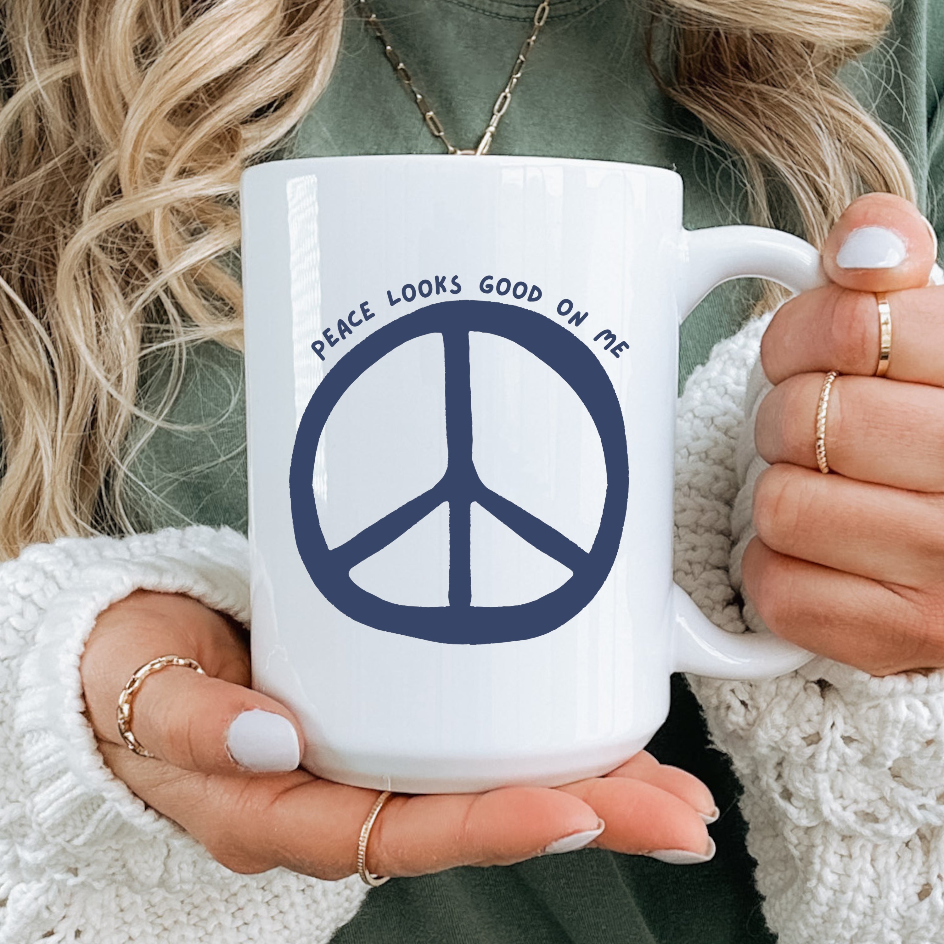 Peace Looks Good On Me Mug – Large 15oz White Ceramic Coffee Cup