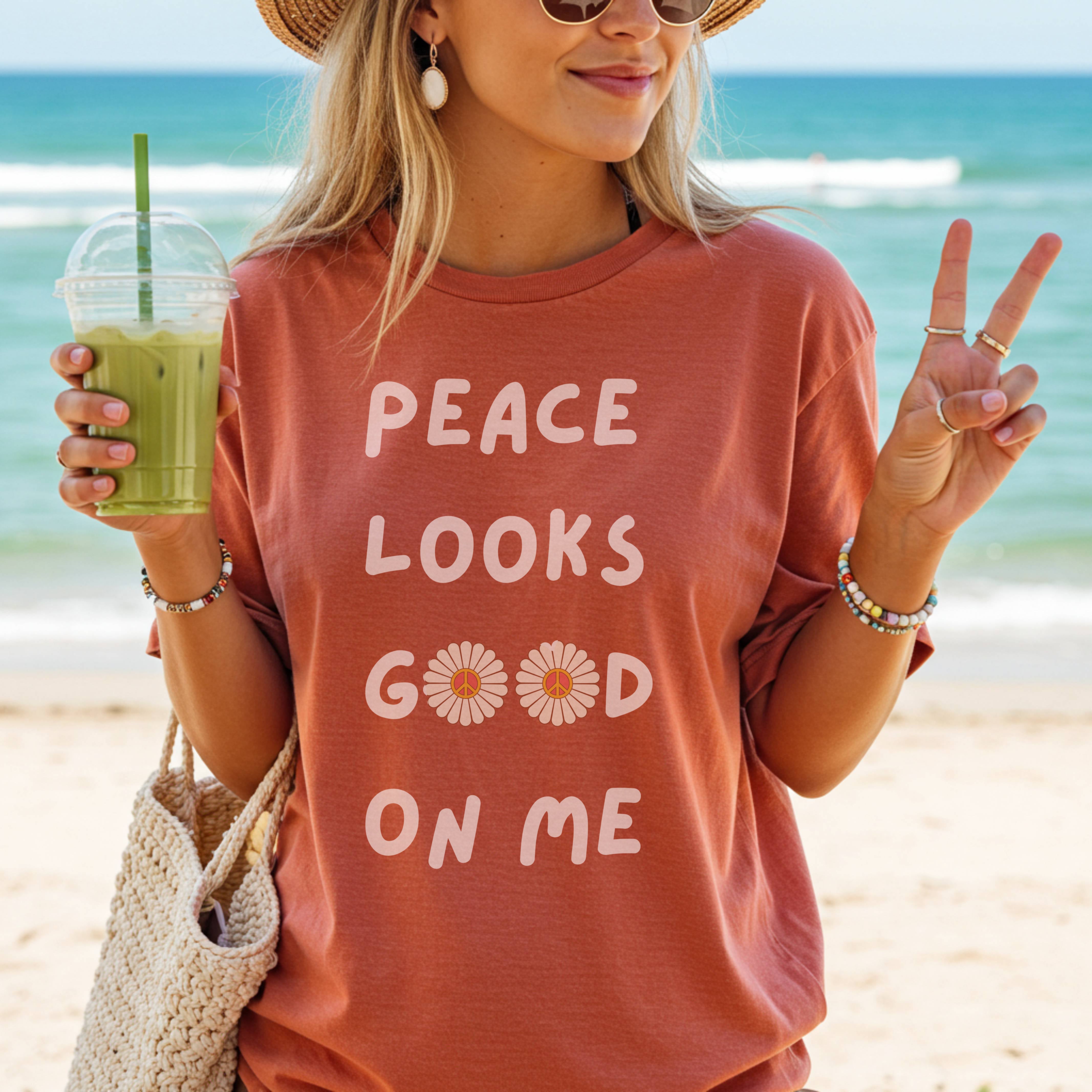 Peace Looks Good On Me Comfort Colors® Shirt – Retro Daisy Tee, Mindful Beach Vibes, Mental Health