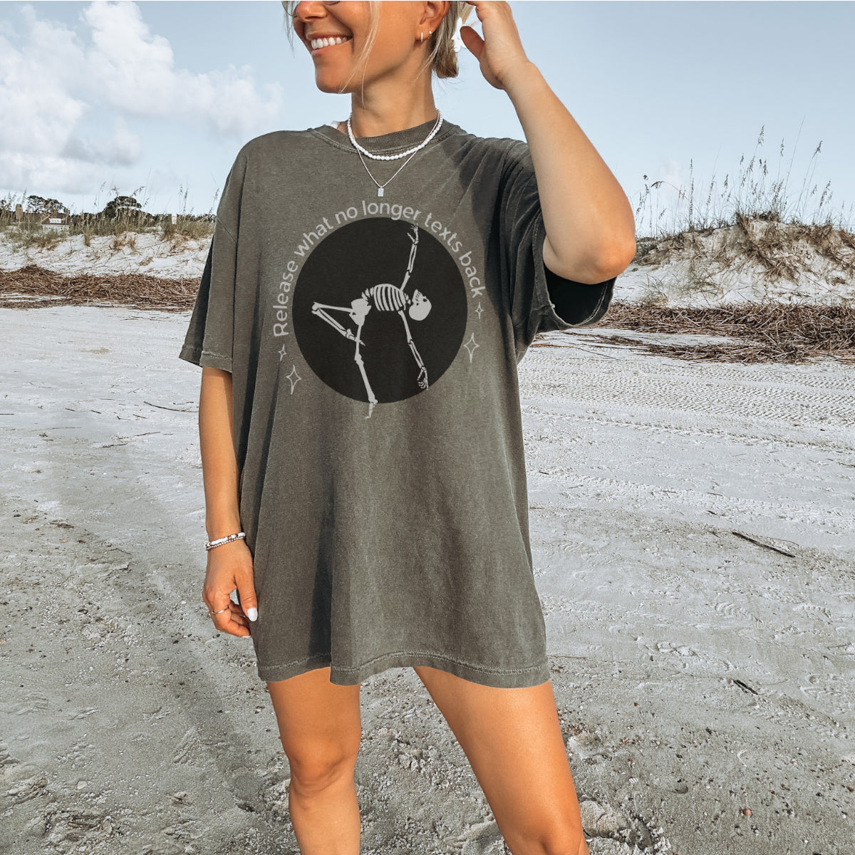 Release What No Longer Texts Back Shirt – Funny Yoga Skeleton Tee, Spiritual Humor Graphic T-Shirt, Unbothered Energy Comfort Colors