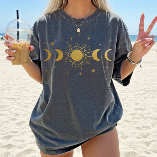 Celestial Sun and Moon Graphic Tee – Spiritual Relaxed or Oversized T-Shirt for Women