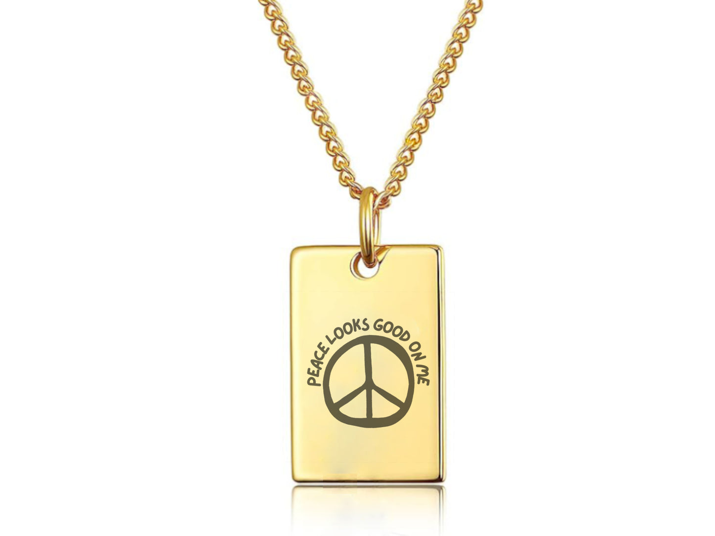 Peace Looks Good on Me Necklace – Gold Plated Tag Pendant with Peace Sign & Affirmation