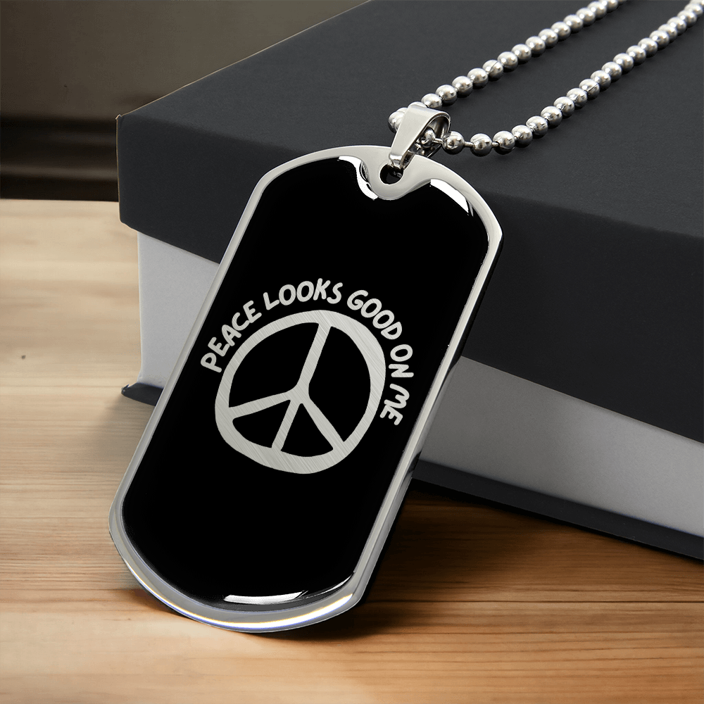 Peace Looks Good on Me Necklace – Gold or Steel Dog Tag Pendant for Inner Peace & Mindfulness