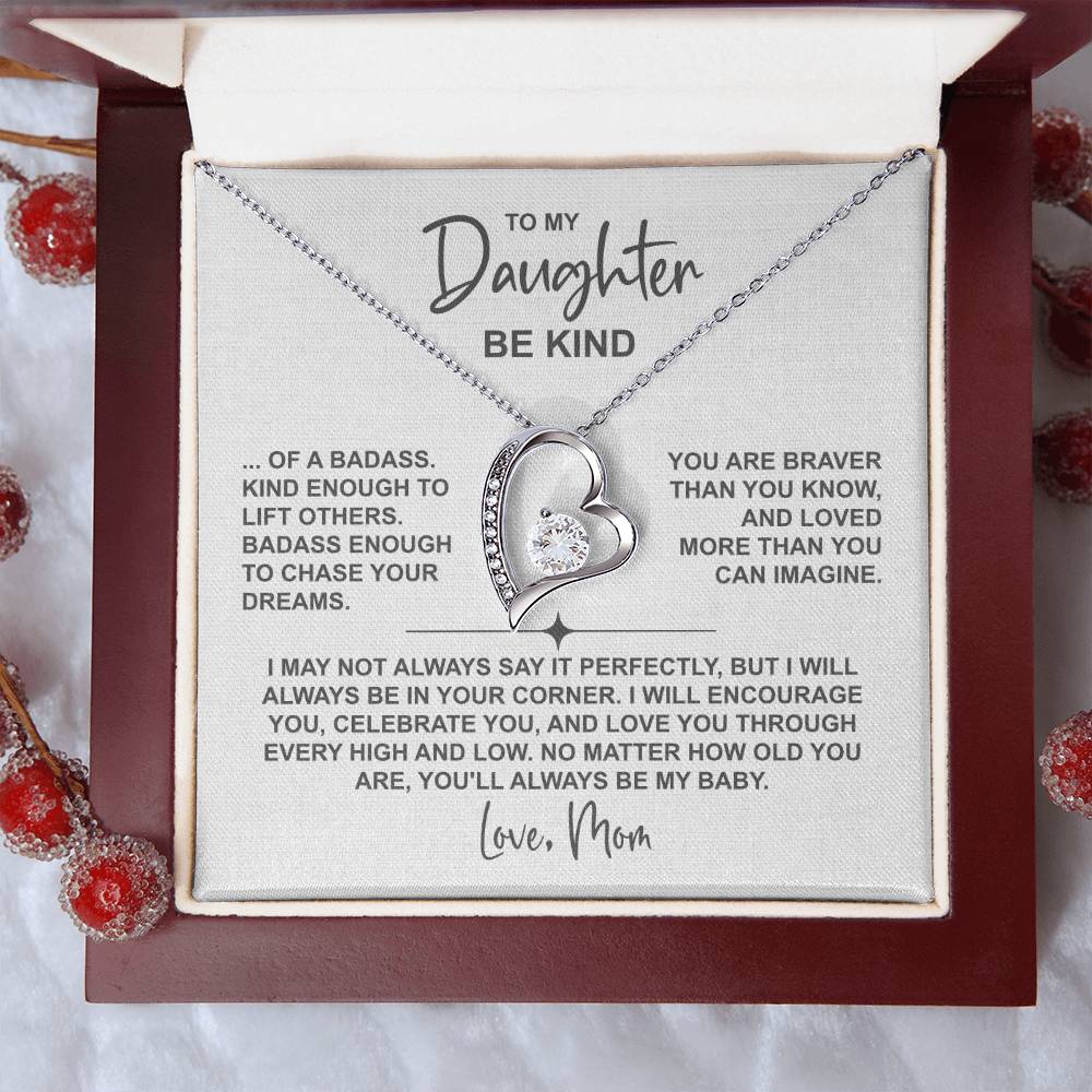 To My Daughter – Be Kind Heart Necklace From Mom (Be Kind Message Card) in 14K White Gold or 18K Gold Finish