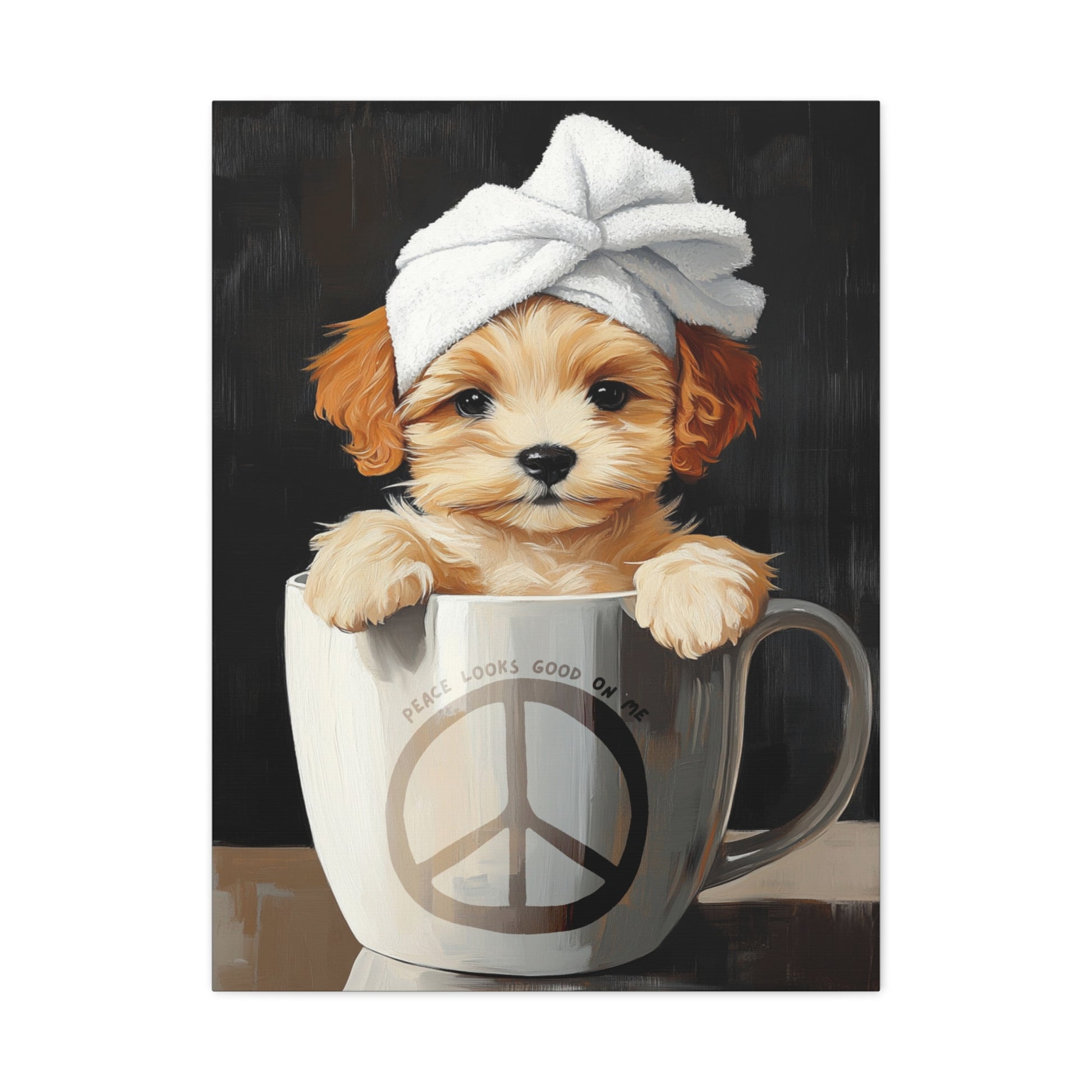 A cozy dog wrapped in a white bath towel, sitting inside a blue coffee mug that says "Peace Looks Good On Me," on a "Peace & Pamper Pup Canvas Wall Art."