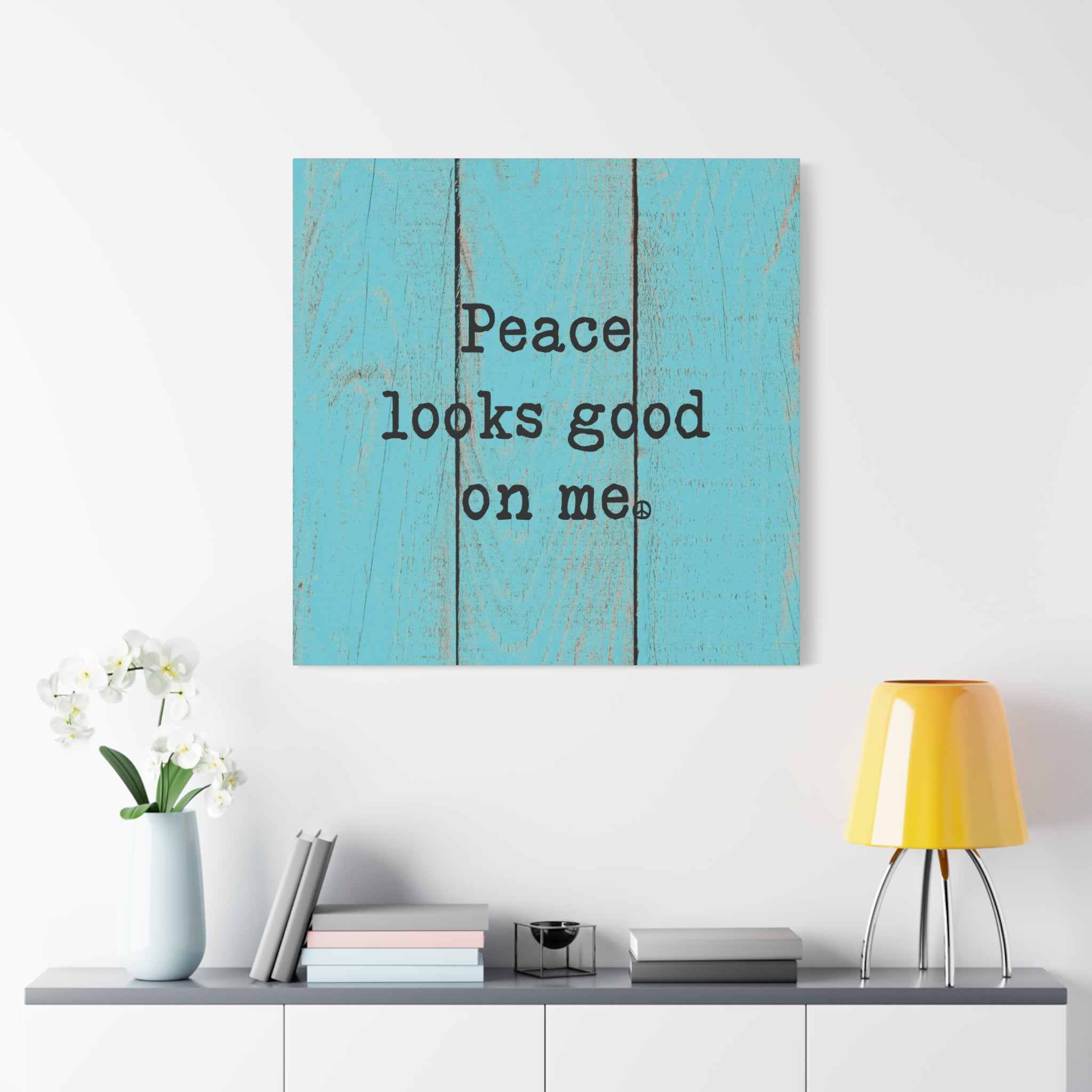 Peace Looks Good On Me Canvas Wall Art – Faux Wood Blue Distressed Look, Mindful Home Decor