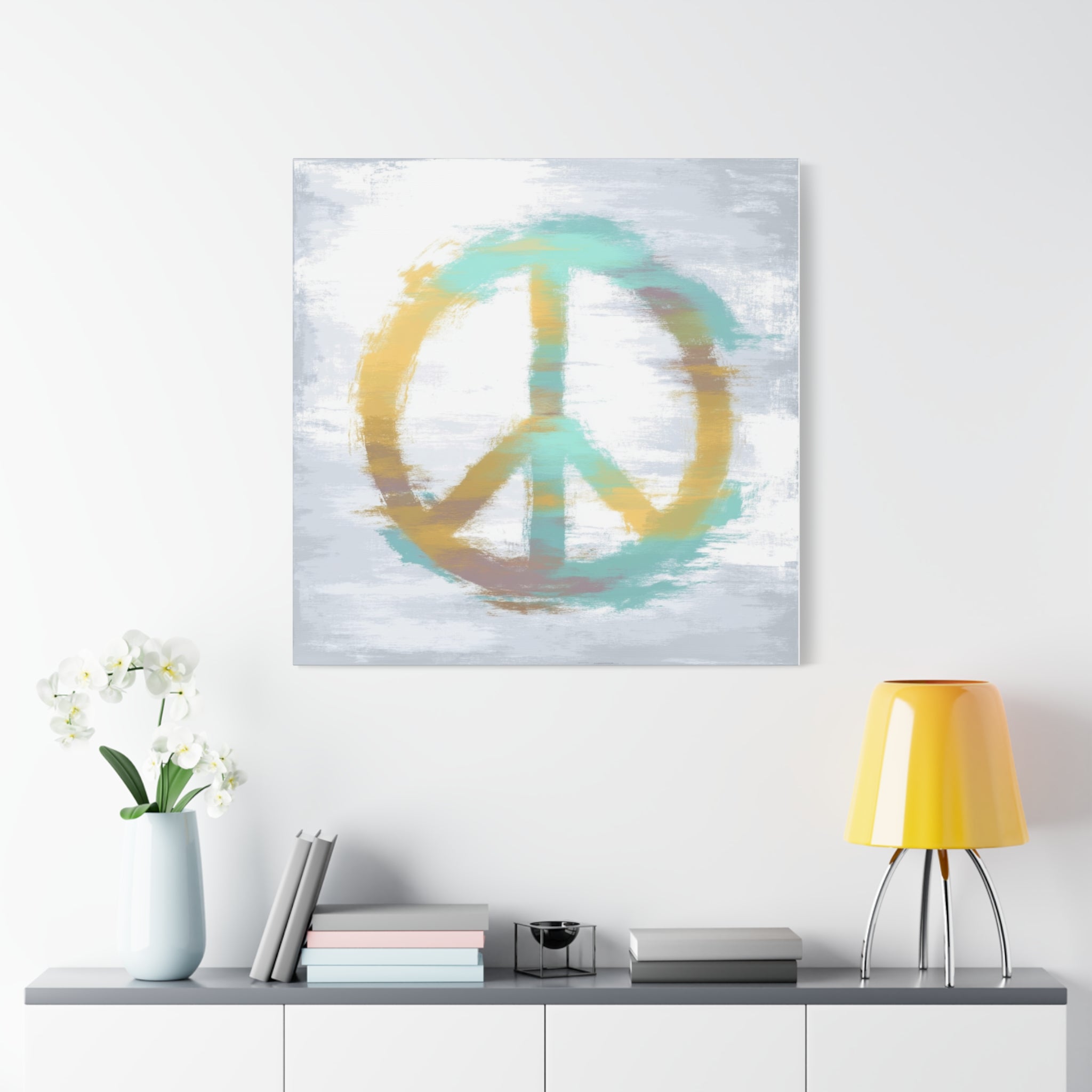 Echoes of Calm Peace Sign Matte Canvas Wall Art — Aqua & Gold Abstract