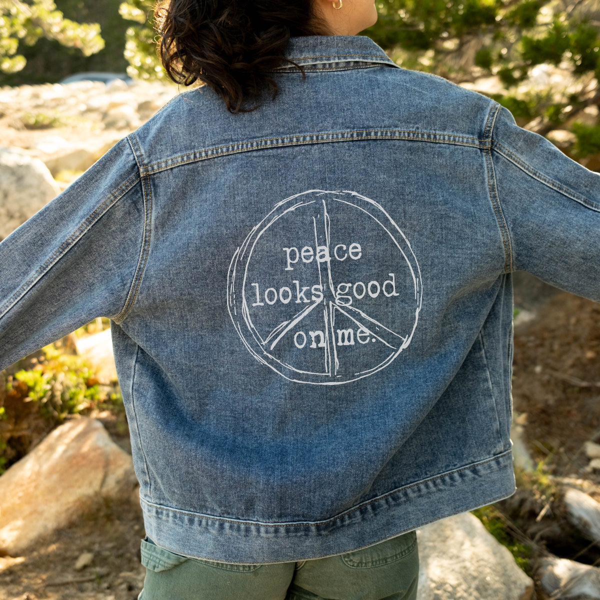 Peace Looks Good on Me Denim Jacket – Vintage Wash Jean Jacket with Peace Symbol