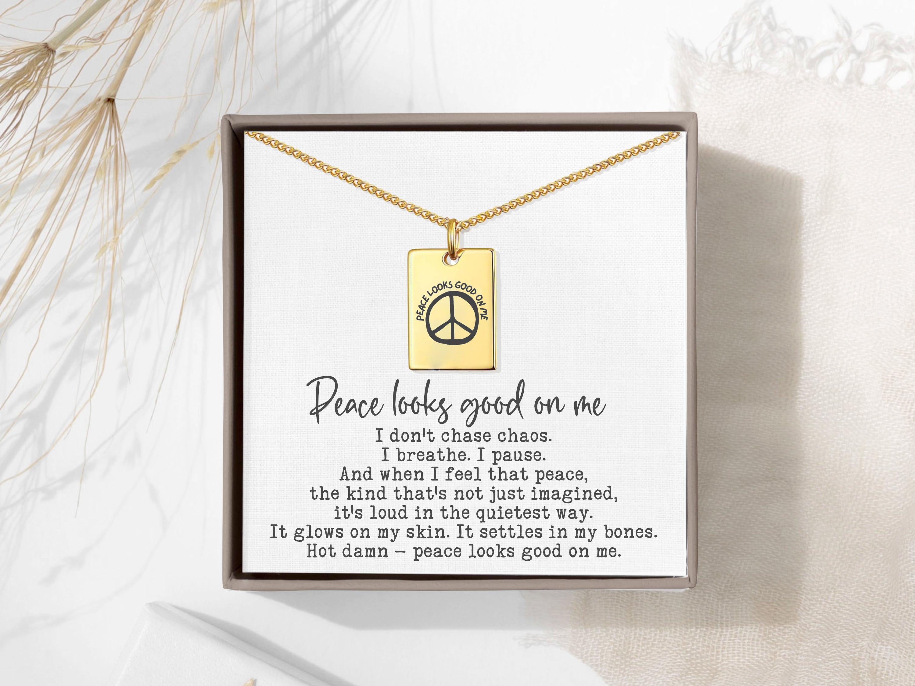 Peace Looks Good on Me Necklace – Gold Plated Tag Pendant with Peace Sign & Affirmation