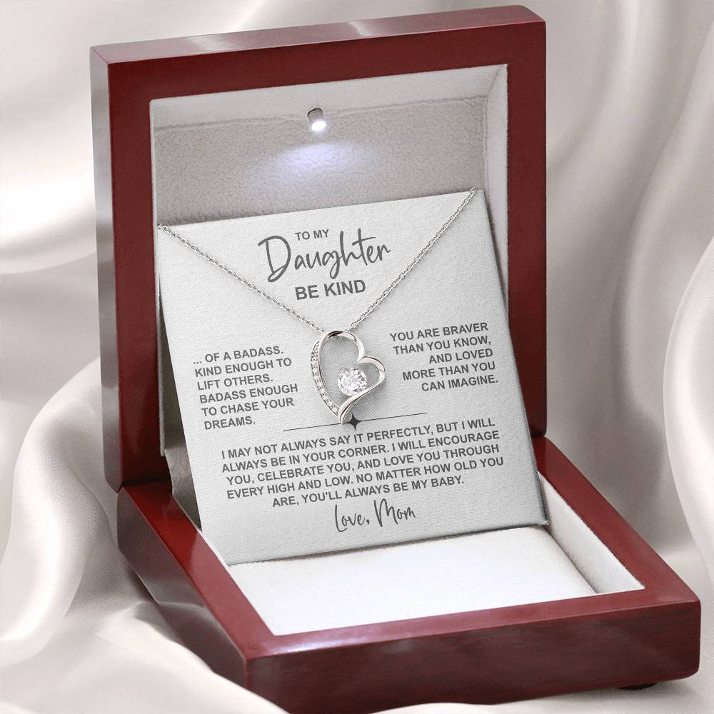 To My Daughter – Be Kind Heart Necklace From Mom (Be Kind Message Card) in 14K White Gold or 18K Gold Finish