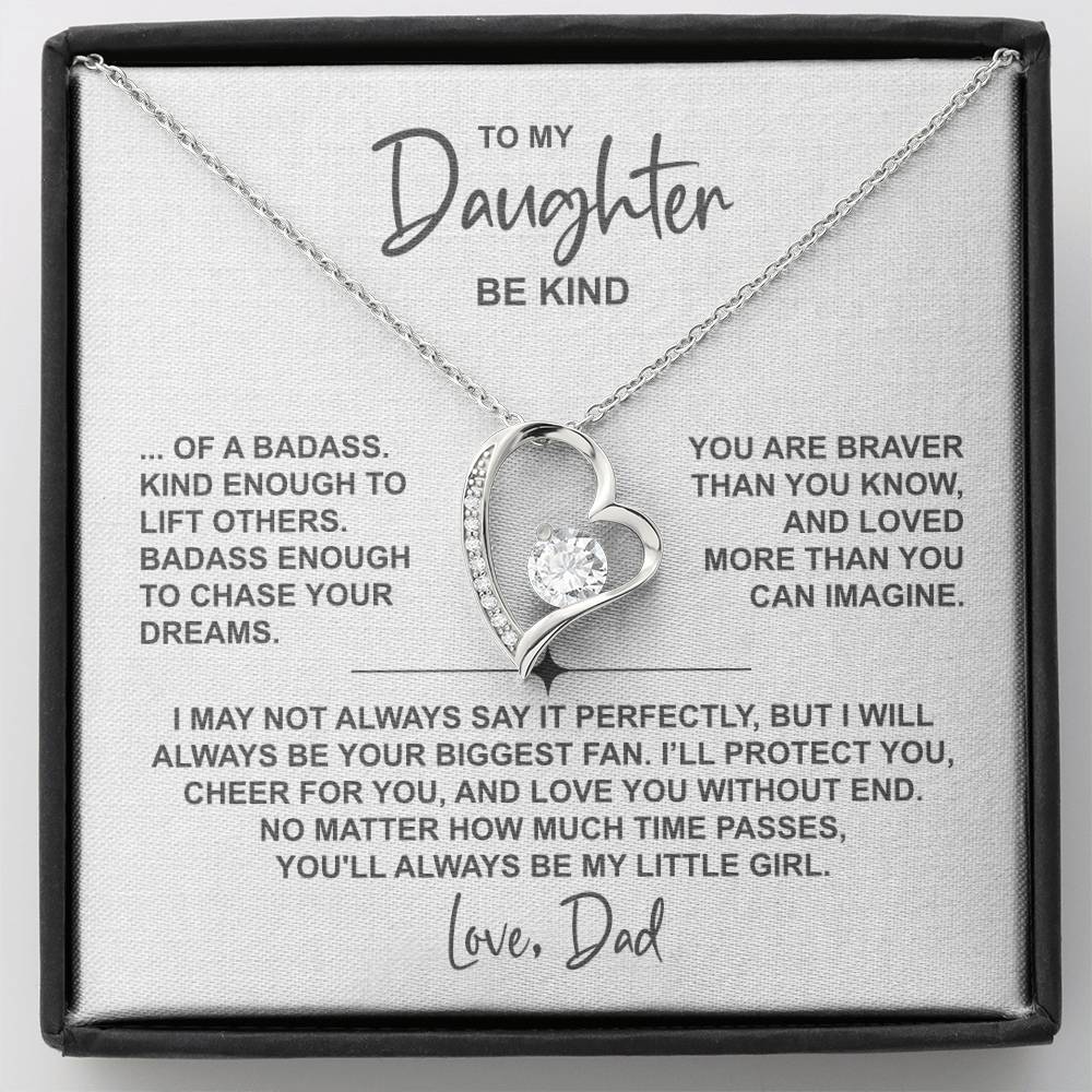 To My Daughter – Heart Necklace (Be Kind Message Card) in 14K White Gold or 18K Gold Finish