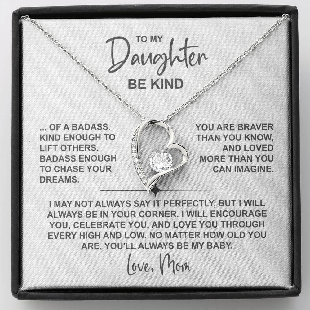 To My Daughter – Be Kind Heart Necklace From Mom (Be Kind Message Card) in 14K White Gold or 18K Gold Finish