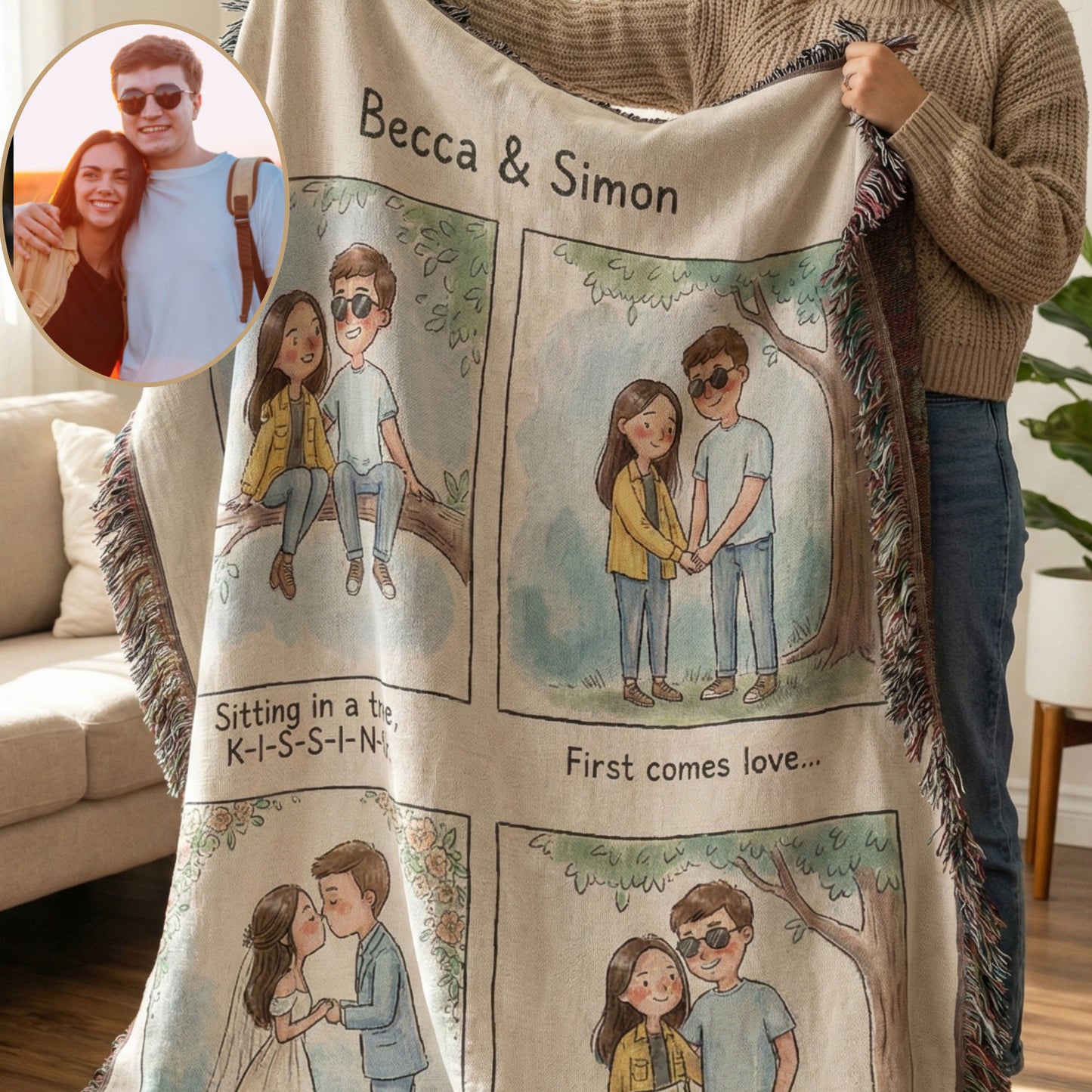 Personalized Love Story Blanket | Custom Cartoon Couple Comic | Wedding & Anniversary Gift