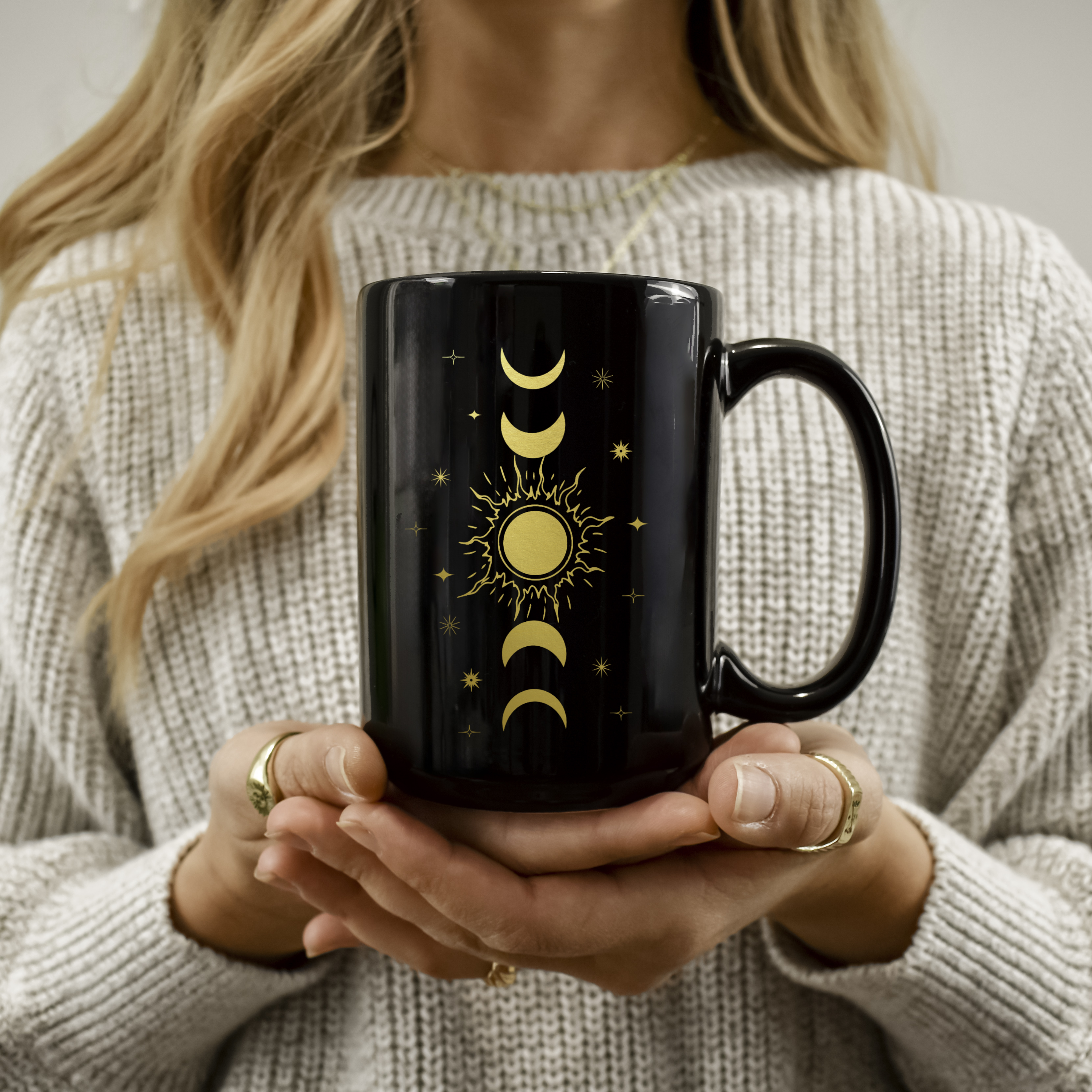 Celestial Moon Phase Mug – Black Gold Sun and Moon Coffee Cup, Spiritual Boho Astrology Gift