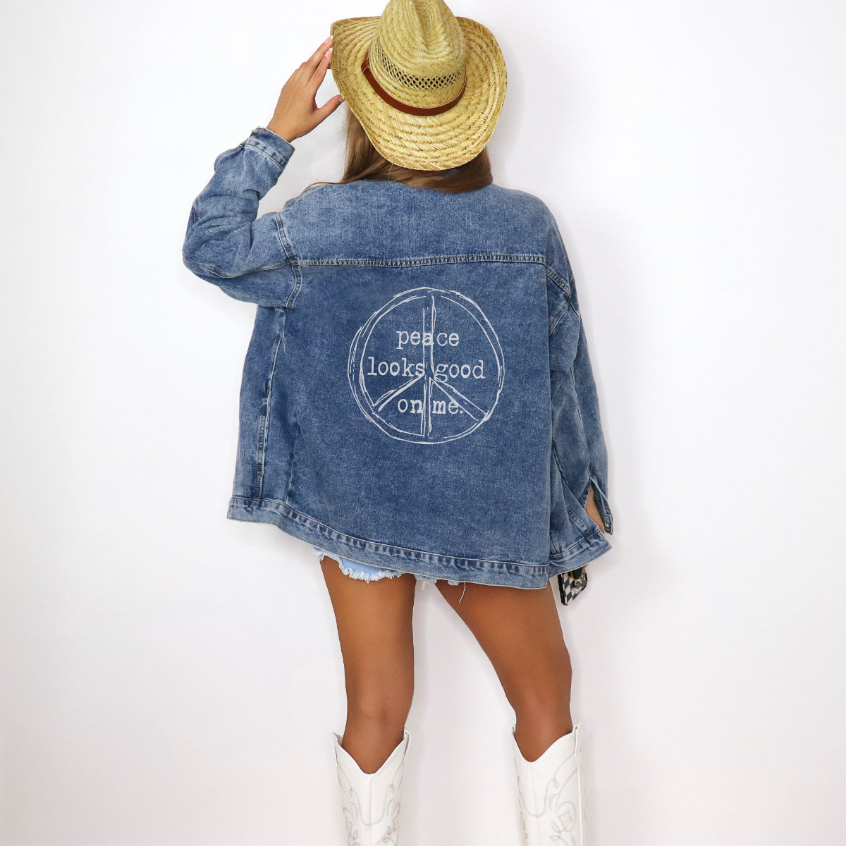 Peace Looks Good on Me Denim Jacket – Vintage Wash Jean Jacket with Peace Symbol