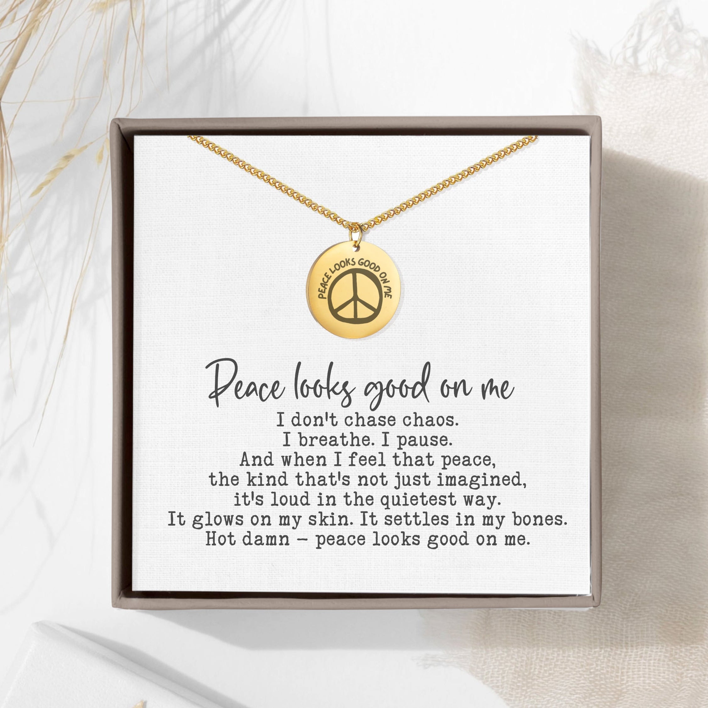 Peace Looks Good on Me Necklace – Gold Plated Round Pendant with Peace Sign & Affirmation (Copy)