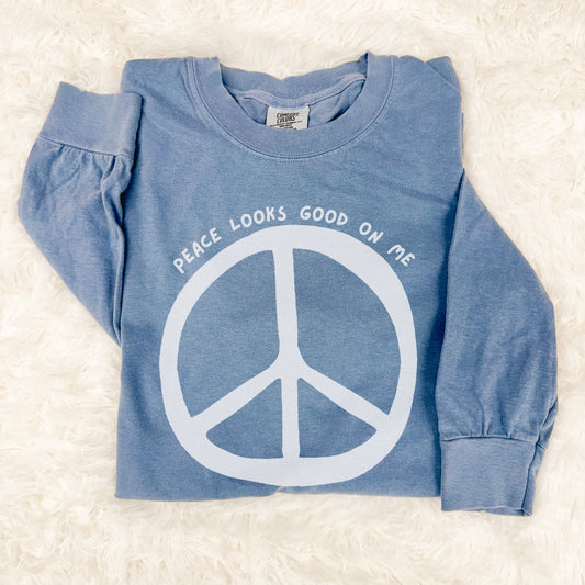 Peace Looks Good On Me Long Sleeve Tee | Unisex Garment-Dyed Shirt, Cozy Fashion, Gift for Peace Lovers, Casual Wear, Eco-Friendly Apparel