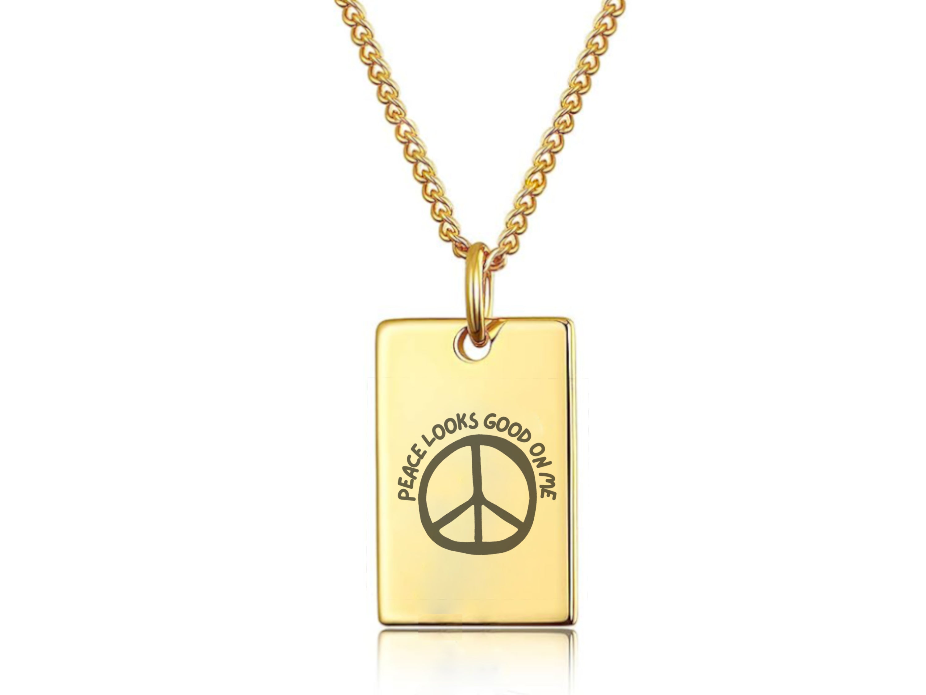 Peace Looks Good on Me Necklace – Gold Plated Tag Pendant with Peace Sign & Affirmation