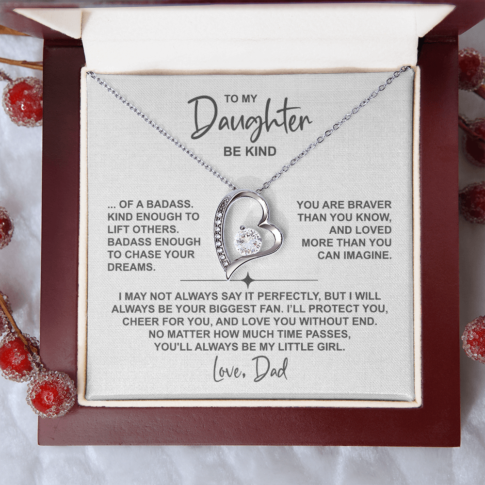 To My Daughter – Heart Necklace (Be Kind Message Card) in 14K White Gold or 18K Gold Finish
