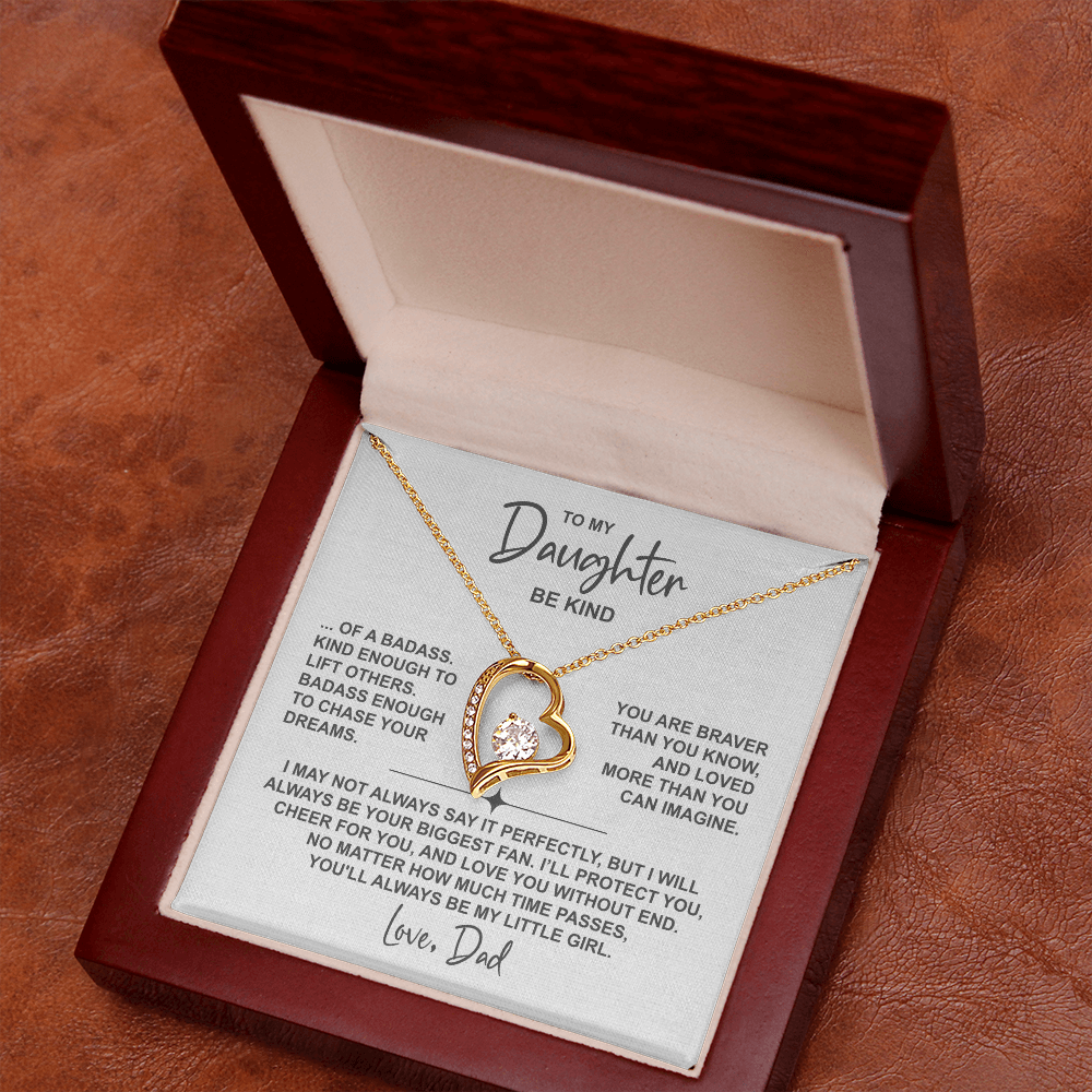 To My Daughter – Heart Necklace (Be Kind Message Card) in 14K White Gold or 18K Gold Finish