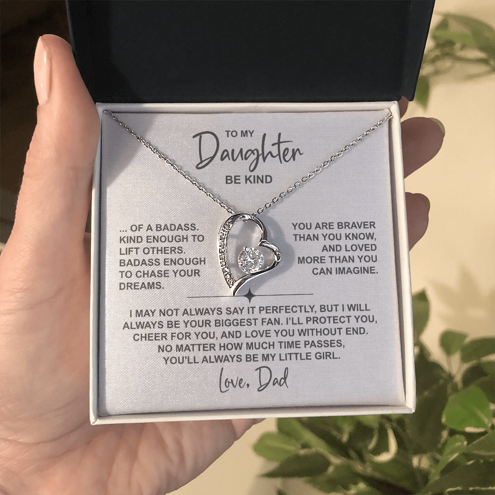 To My Daughter – Heart Necklace (Be Kind Message Card) in 14K White Gold or 18K Gold Finish