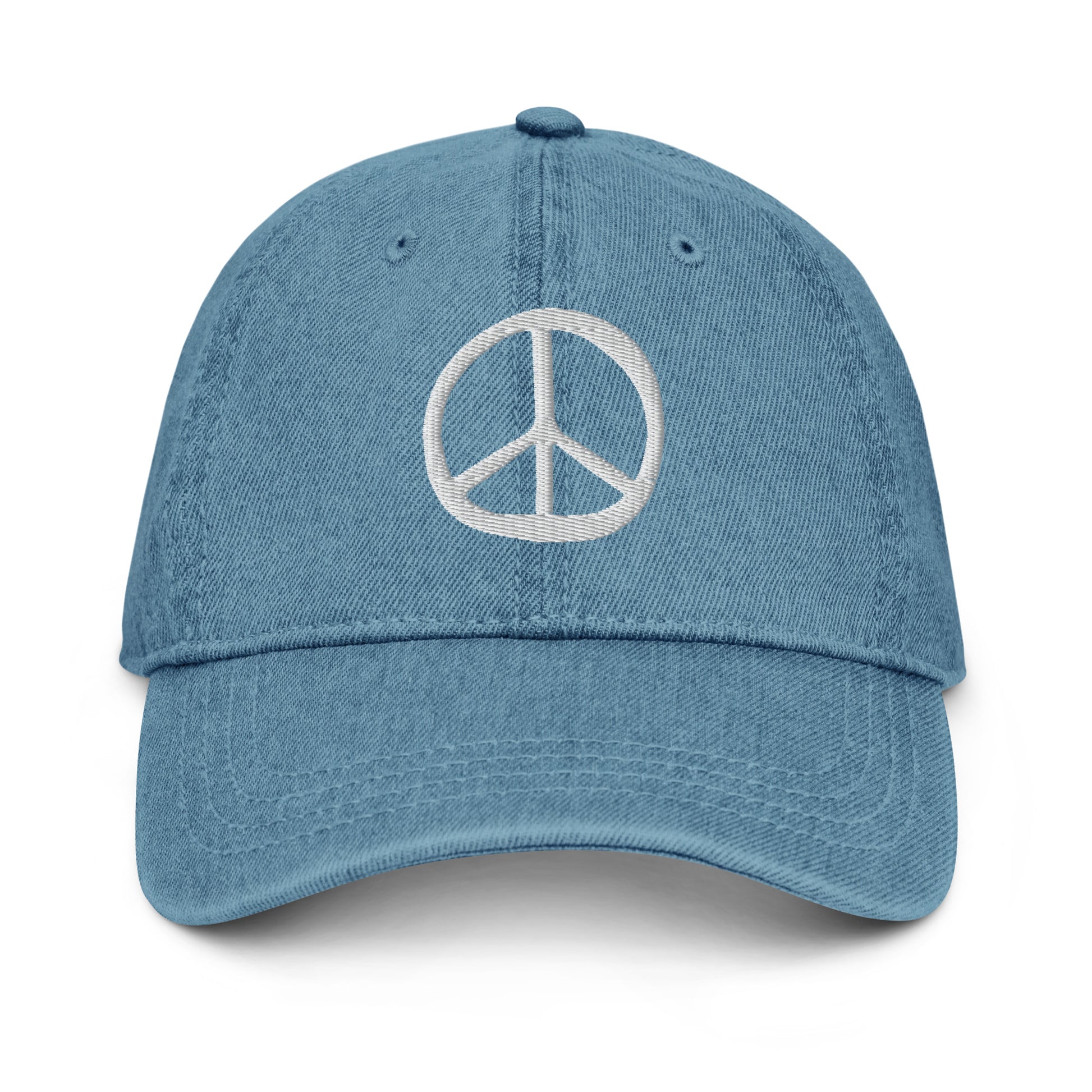 Blue denim dad hat with embroidered peace sign, front view