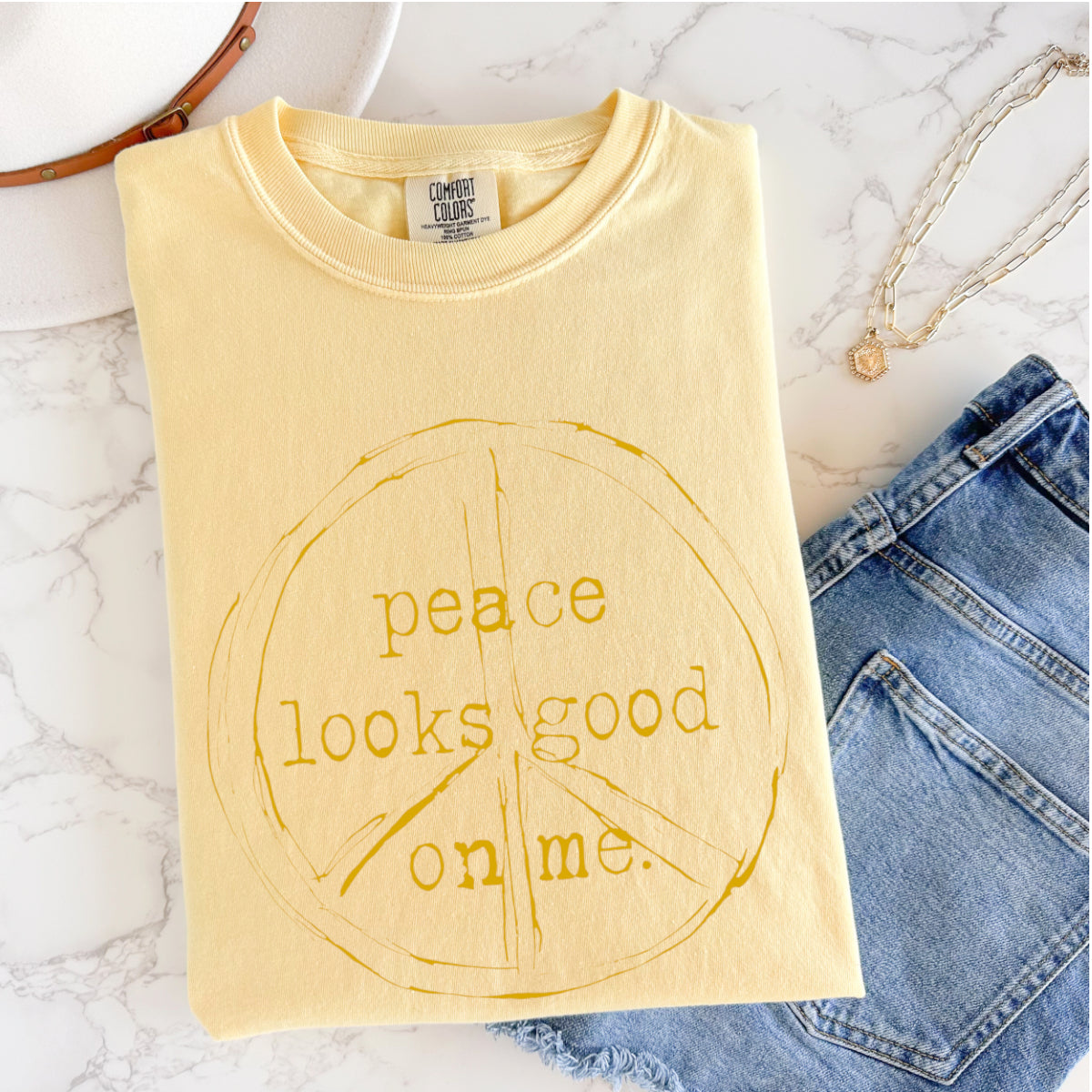 Peace Looks Good on Me T-Shirt – Comfort Colors Butter & Bay | Imperfectly Zen Tee